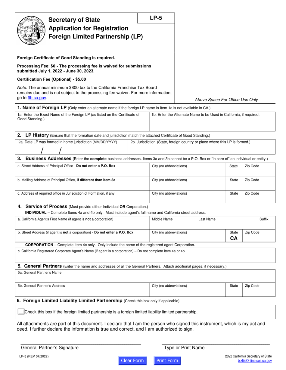 Form LP-5 Application for Registration Foreign Limited Partnership (Lp) - California, Page 2