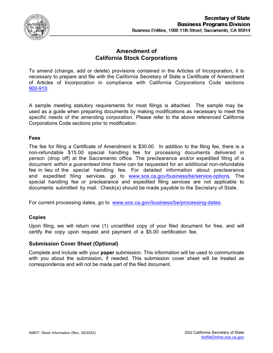Certificate of Amendment of Articles of Incorporation - Stock - California, Page 2