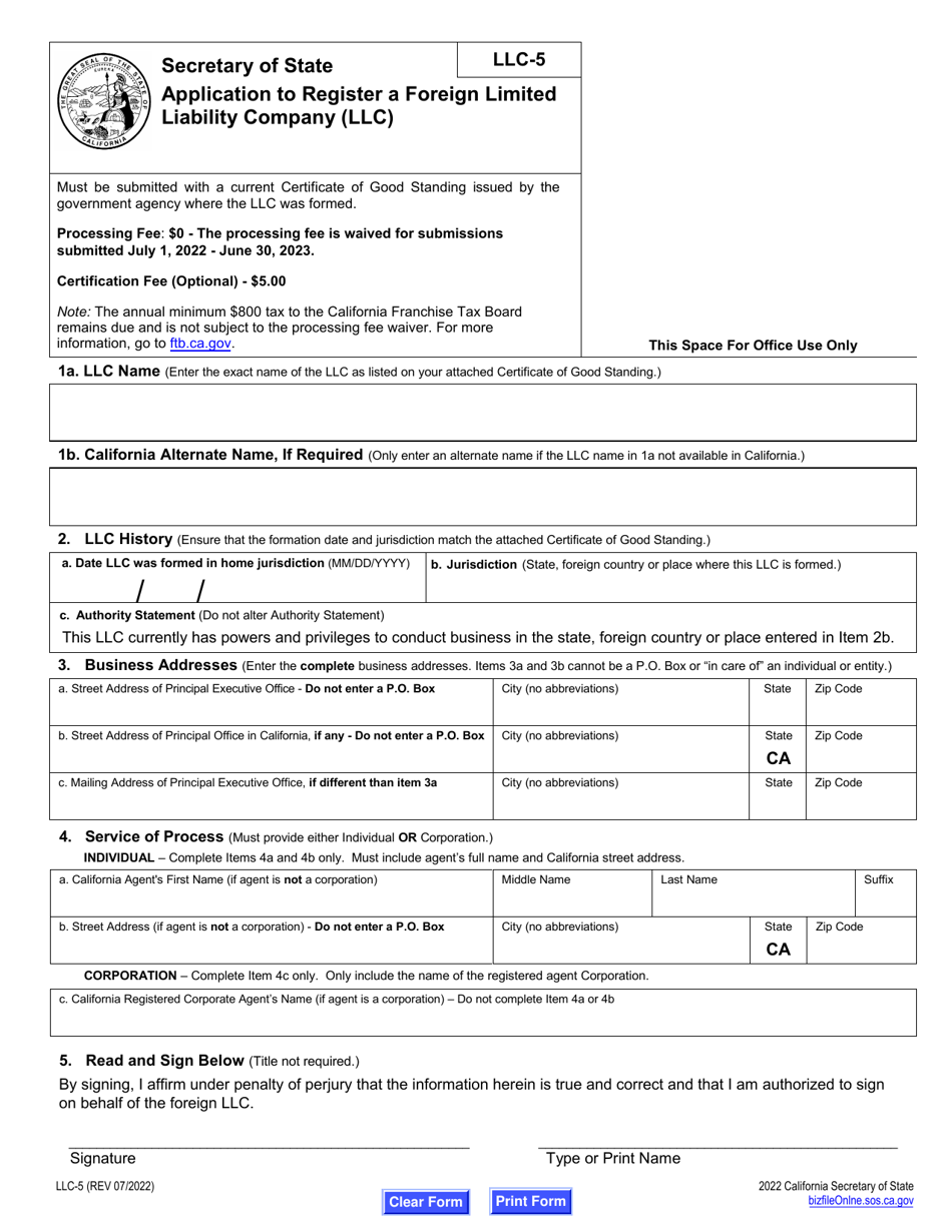 Form LLC-5 Application to Register a Foreign Limited Liability Company (LLC) - California, Page 2