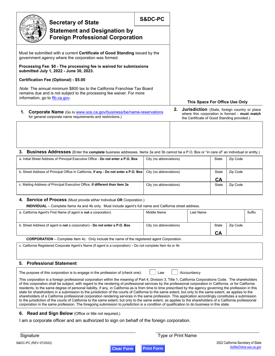 Form SDC-PC Statement and Designation by Foreign Professional Corporation - California, Page 2