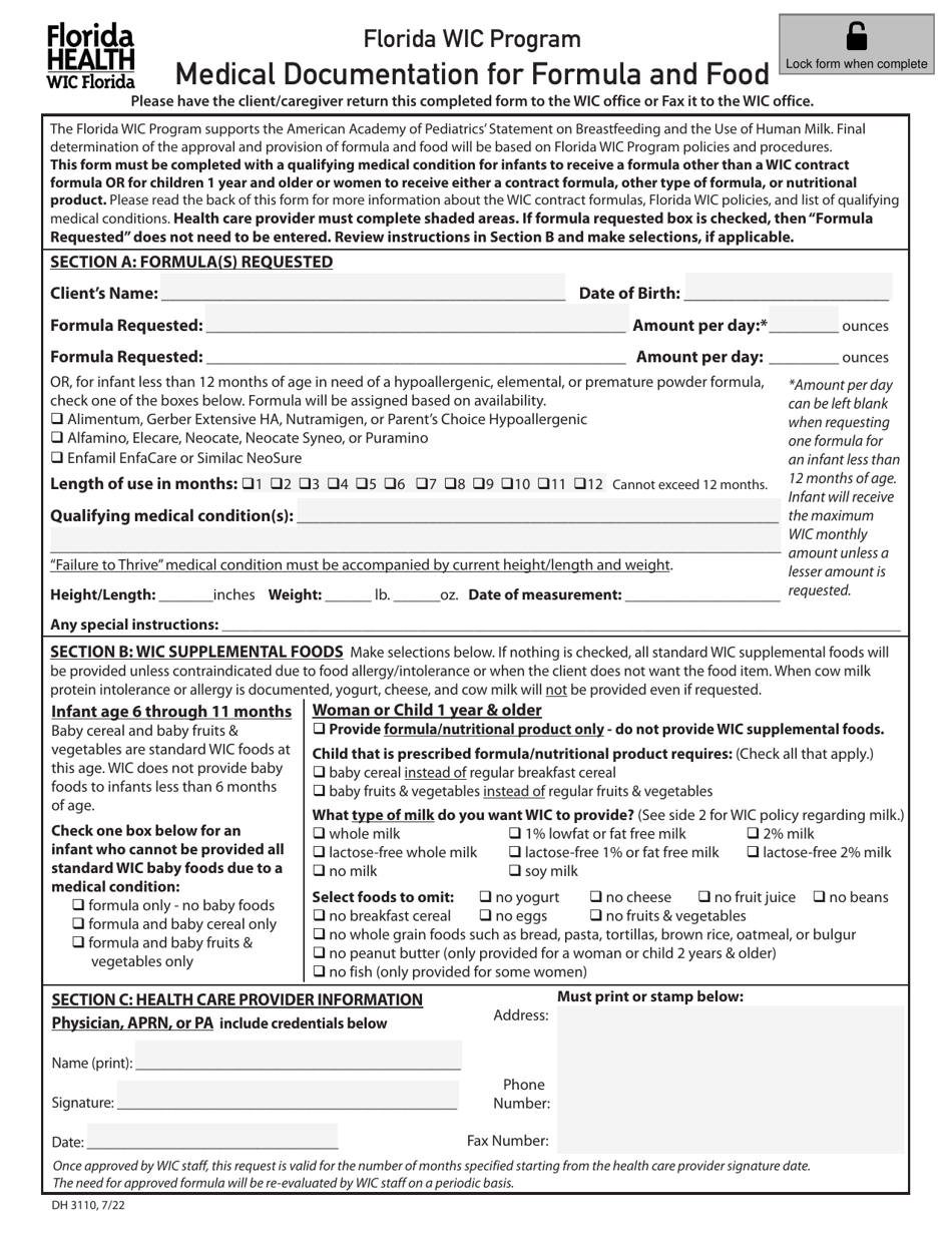 Form DH3110 Medical Documentation for Formula and Food - Florida, Page 1