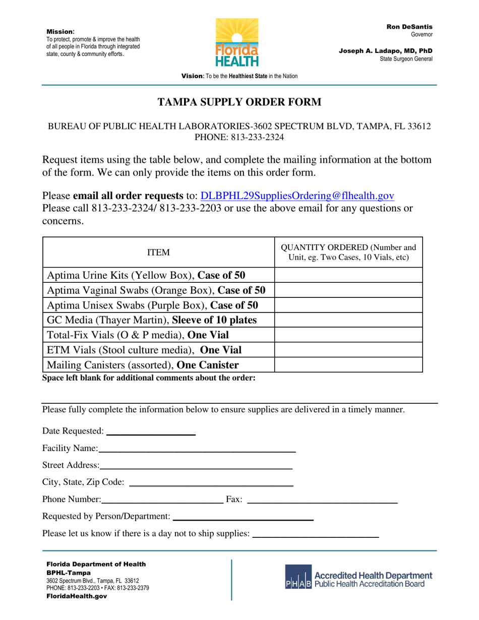 Tampa Supply Order Form - Florida, Page 1