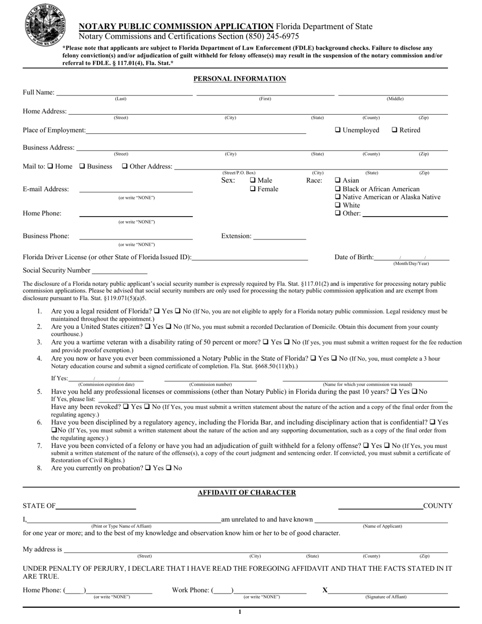 Form DS / DE76 Notary Public Commission Application - Florida, Page 1