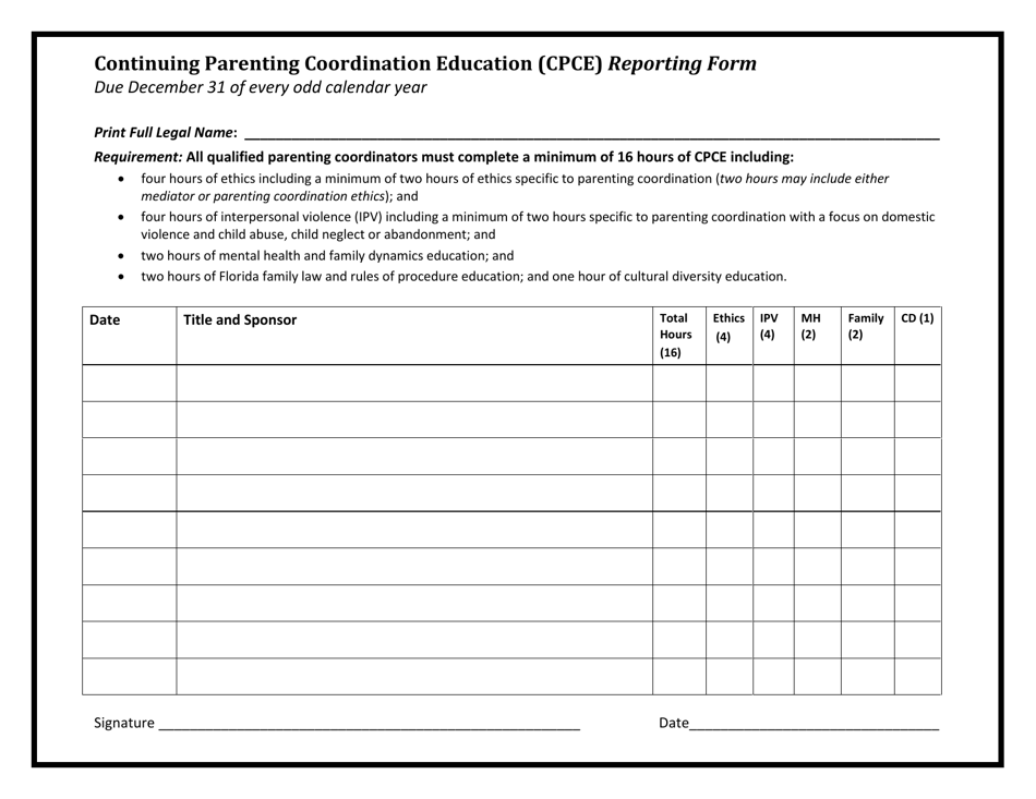 Continuing Parenting Coordination Education (Cpce) Reporting Form - Florida, Page 1
