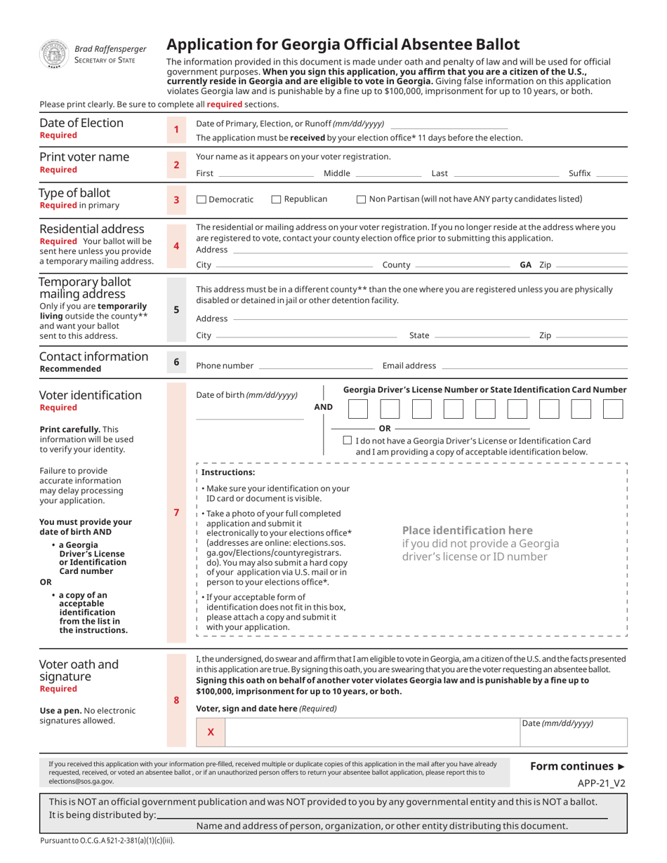 Form APP-21 Application for Georgia Official Absentee Ballot - Georgia (United States), Page 1