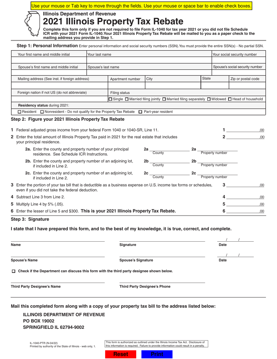 Form IL-1040-PTR Illinois Property Tax Rebate - Illinois, Page 1