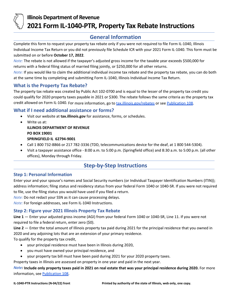 Download Instructions For Form IL 1040 PTR Illinois Property Tax Rebate 