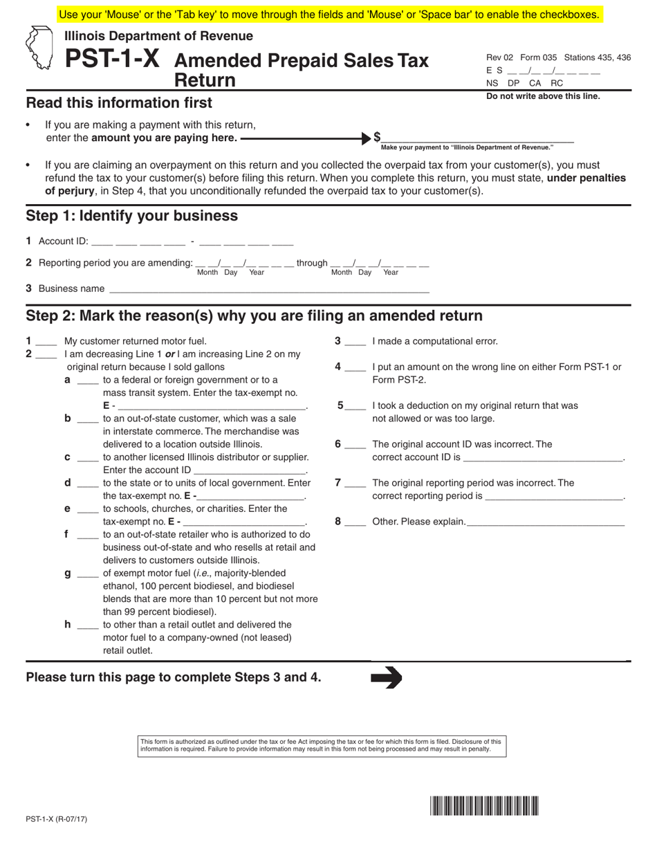 Form PST-1-X (035) Amended Prepaid Sales Tax Return - Illinois, Page 1