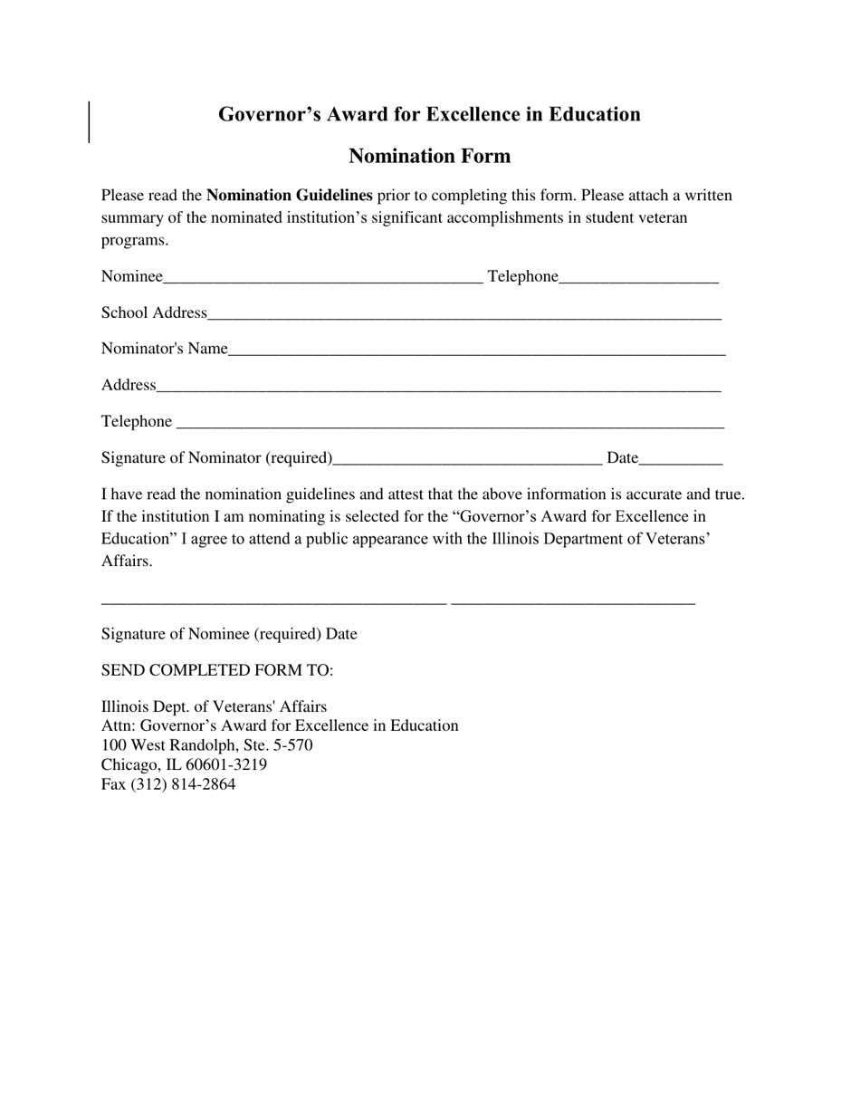 Illinois Governor's Award for Excellence in Education Nomination Form Fill Out, Sign Online