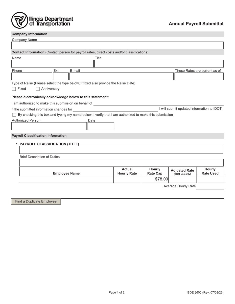 Form BDE3600 Annual Payroll Submittal - Illinois, Page 1