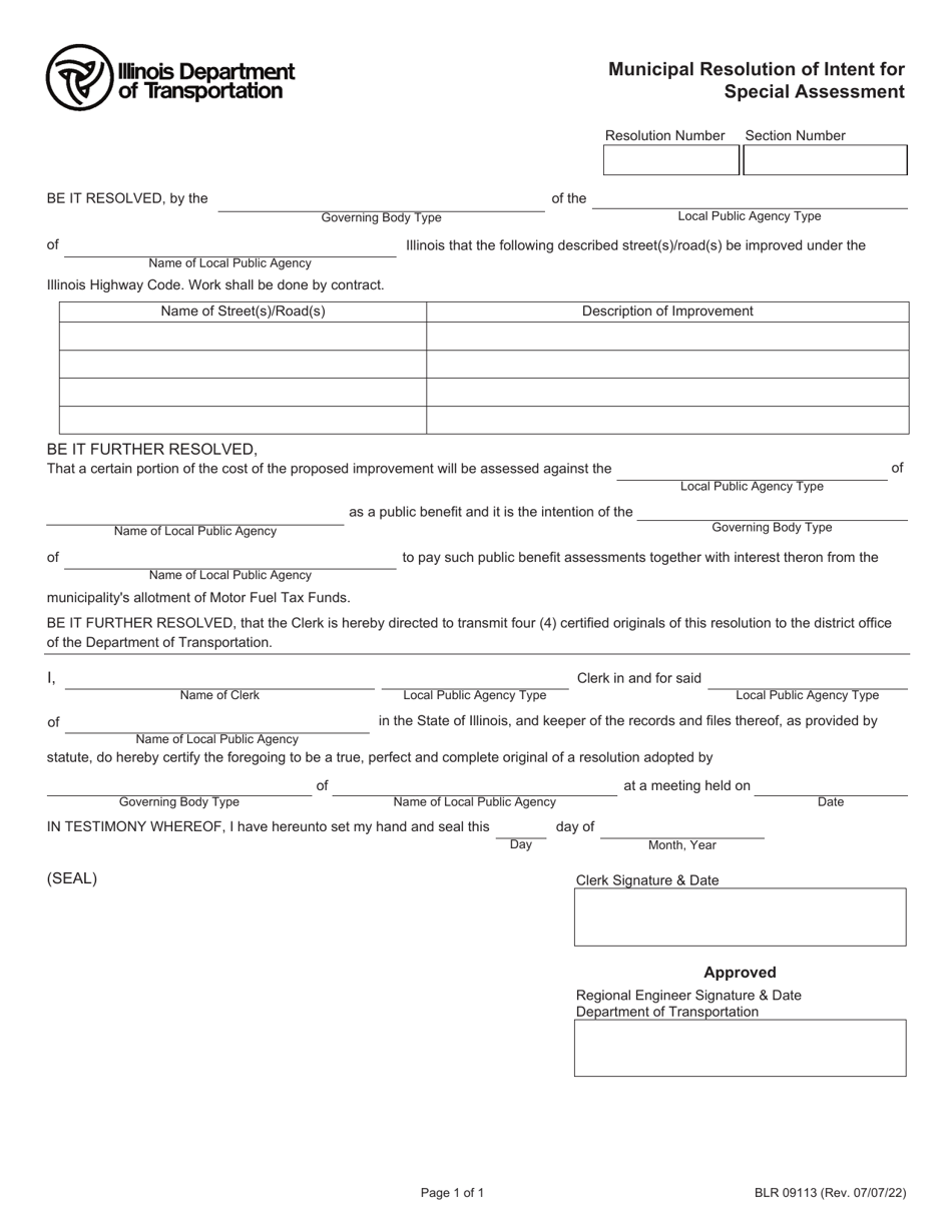 Form BLR09113 Municipal Resolution of Intent for Special Assessment - Illinois, Page 1