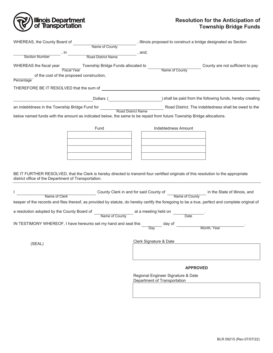 Form BLR09215 Resolution for the Anticipation of Township Bridge Funds - Illinois, Page 1