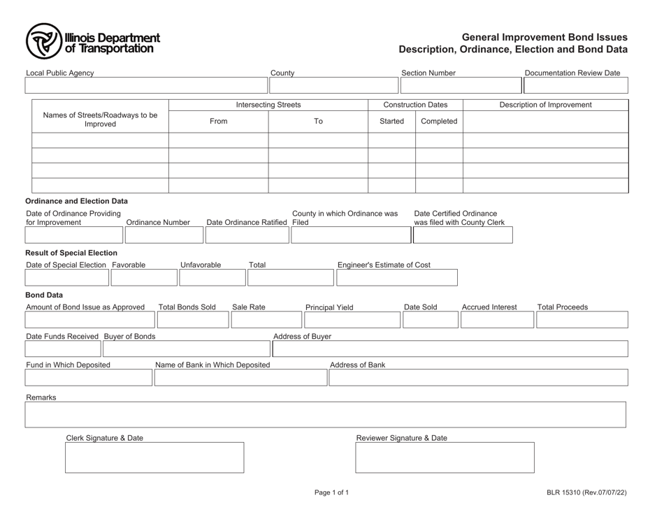 Form BLR15310 General Improvement Bond Issues - Description, Ordinance, Election, and Bond Data - Illinois, Page 1