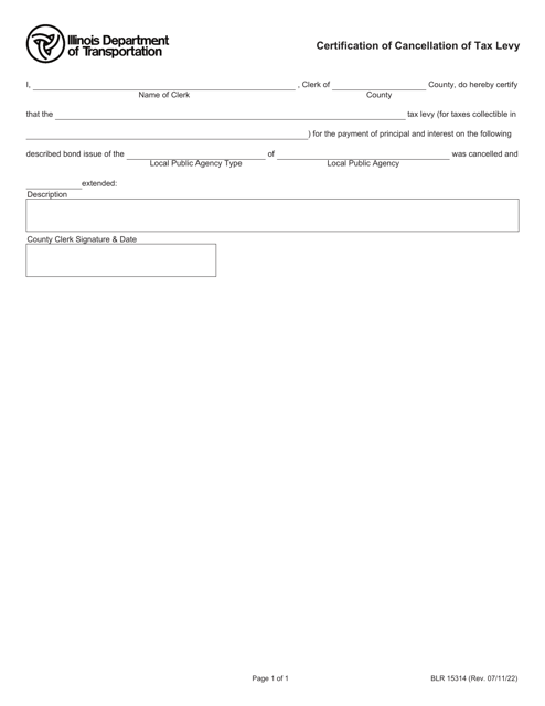 Form BLR15314 Certification of Cancellation of Tax Levy - Illinois