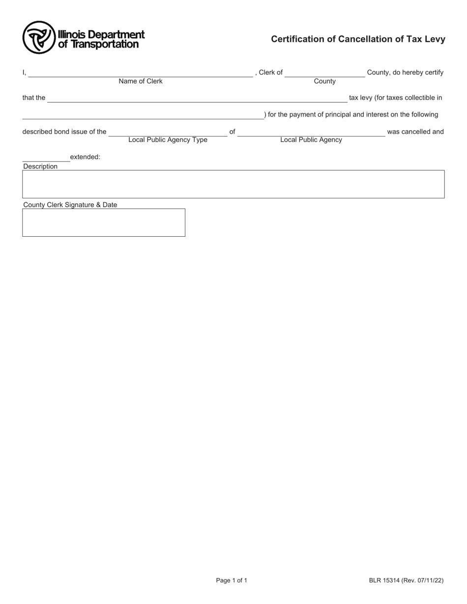 Form BLR15314 Certification of Cancellation of Tax Levy - Illinois, Page 1