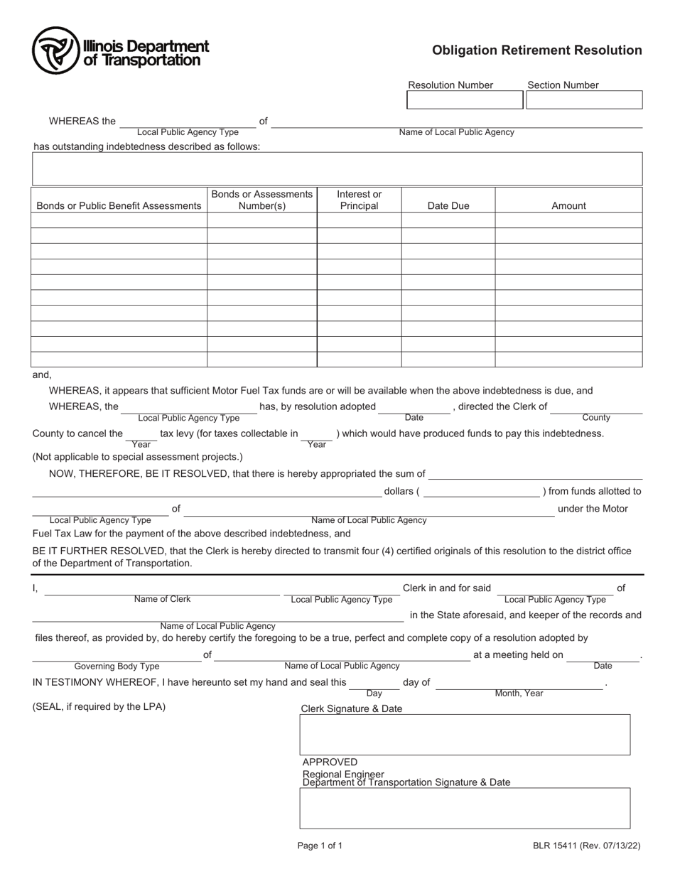 Form BLR15411 Obligation Retirement Resolution - Illinois, Page 1