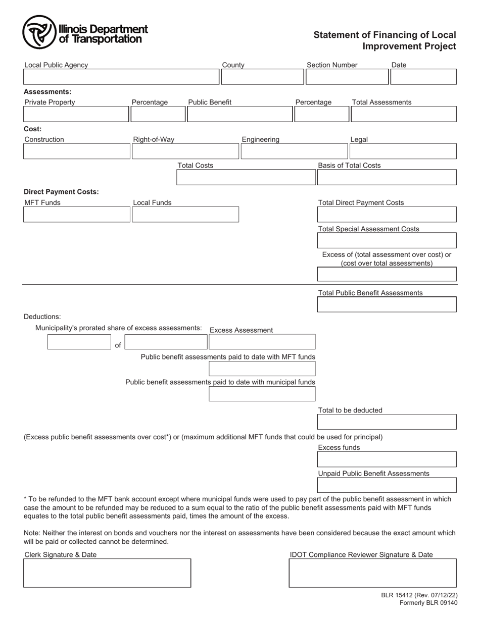 Form BLR15412 Statement of Financing of Local Improvement Project - Illinois, Page 1