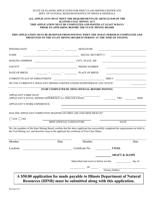 Application for First Class Miners Certificate - Illinois