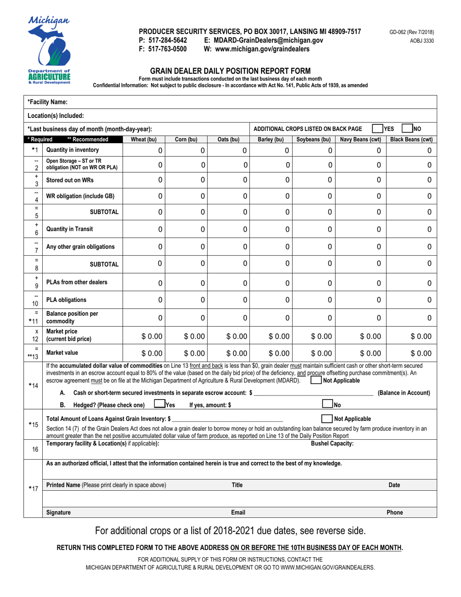 Form GD-062 Grain Dealer Daily Position Report Form - Michigan, Page 1
