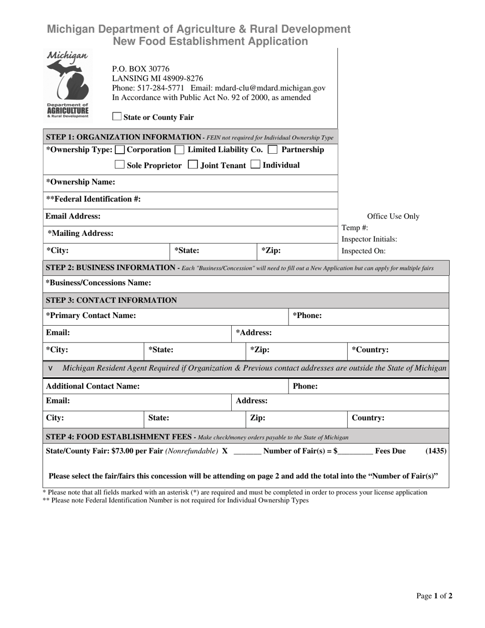 New Food Establishment Application - State or County Fair - Michigan, Page 1