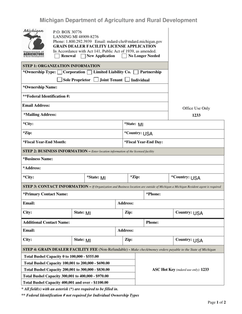 Michigan Grain Dealer Facility License Application Download Fillable