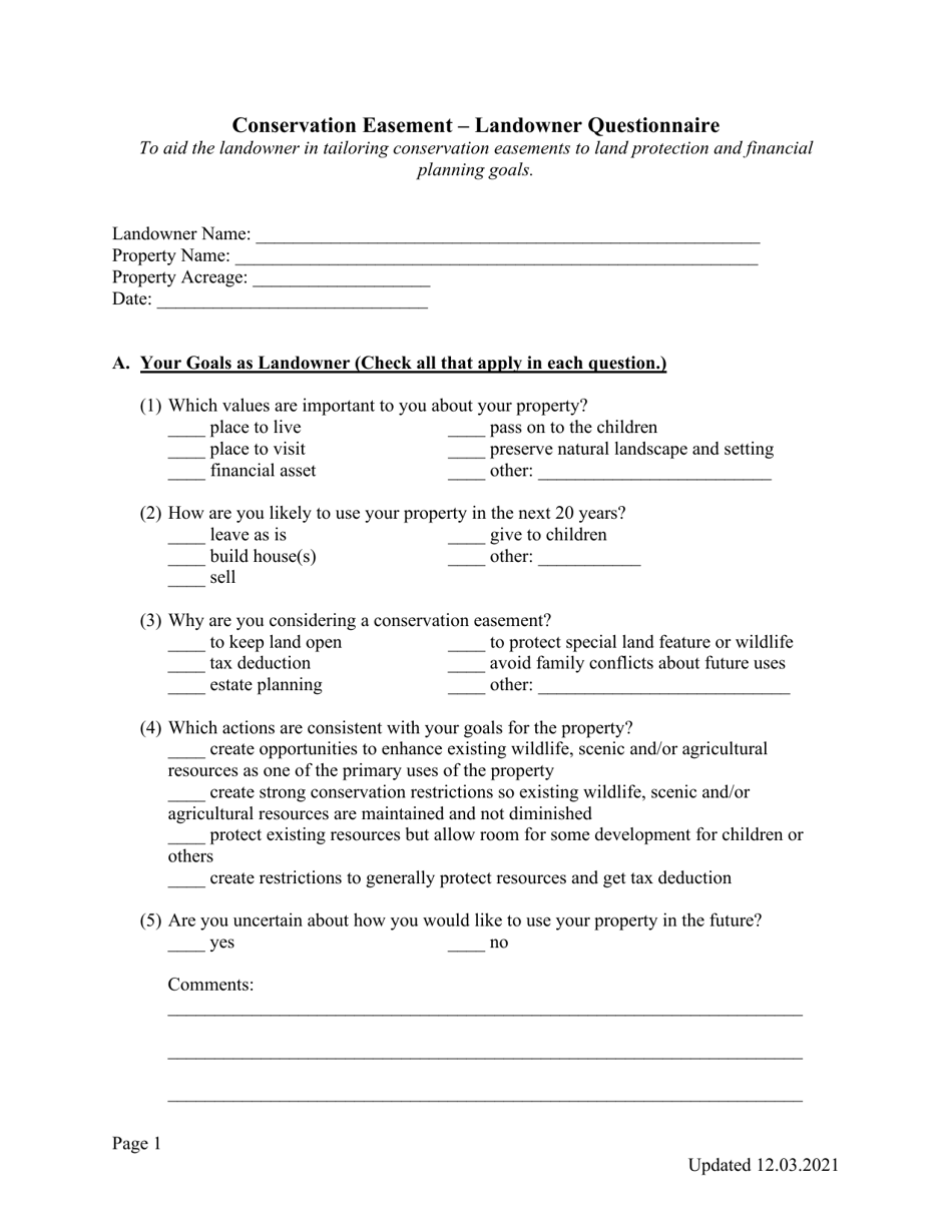Michigan Conservation Easement Landowner Questionnaire Fill Out
