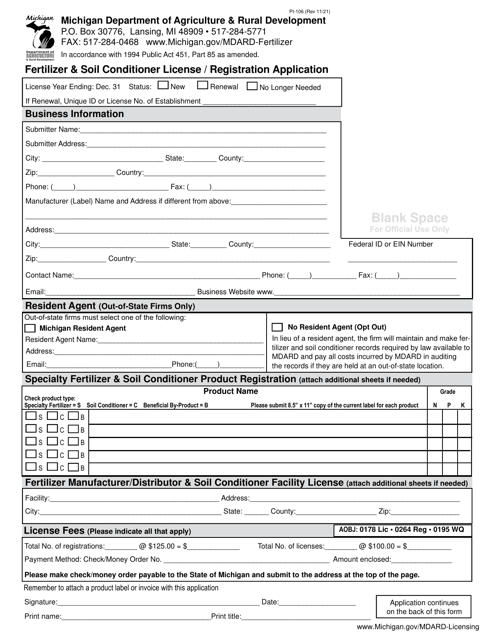 Form PI-106 Fertilizer & Soil Conditioner License/Registration Application - Michigan