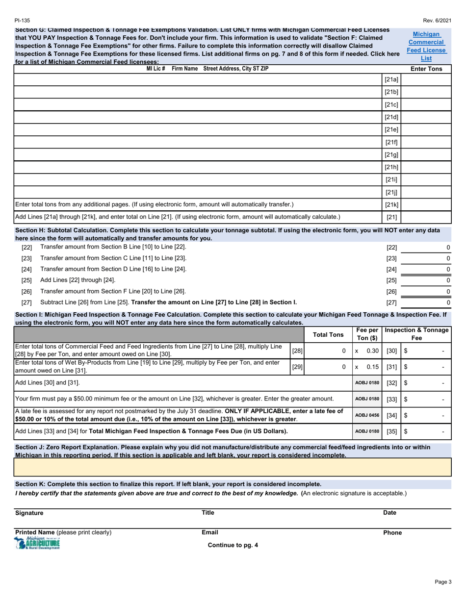 Form PI-135 Michigan Commercial Feed Inspection  Tonnage Fee Report - Michigan, Page 3