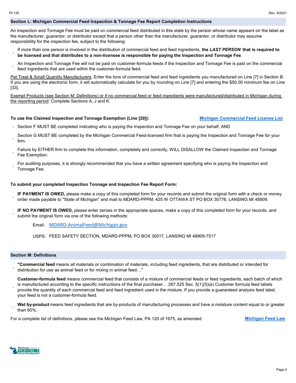 Form PI-135 Michigan Commercial Feed Inspection  Tonnage Fee Report - Michigan, Page 4