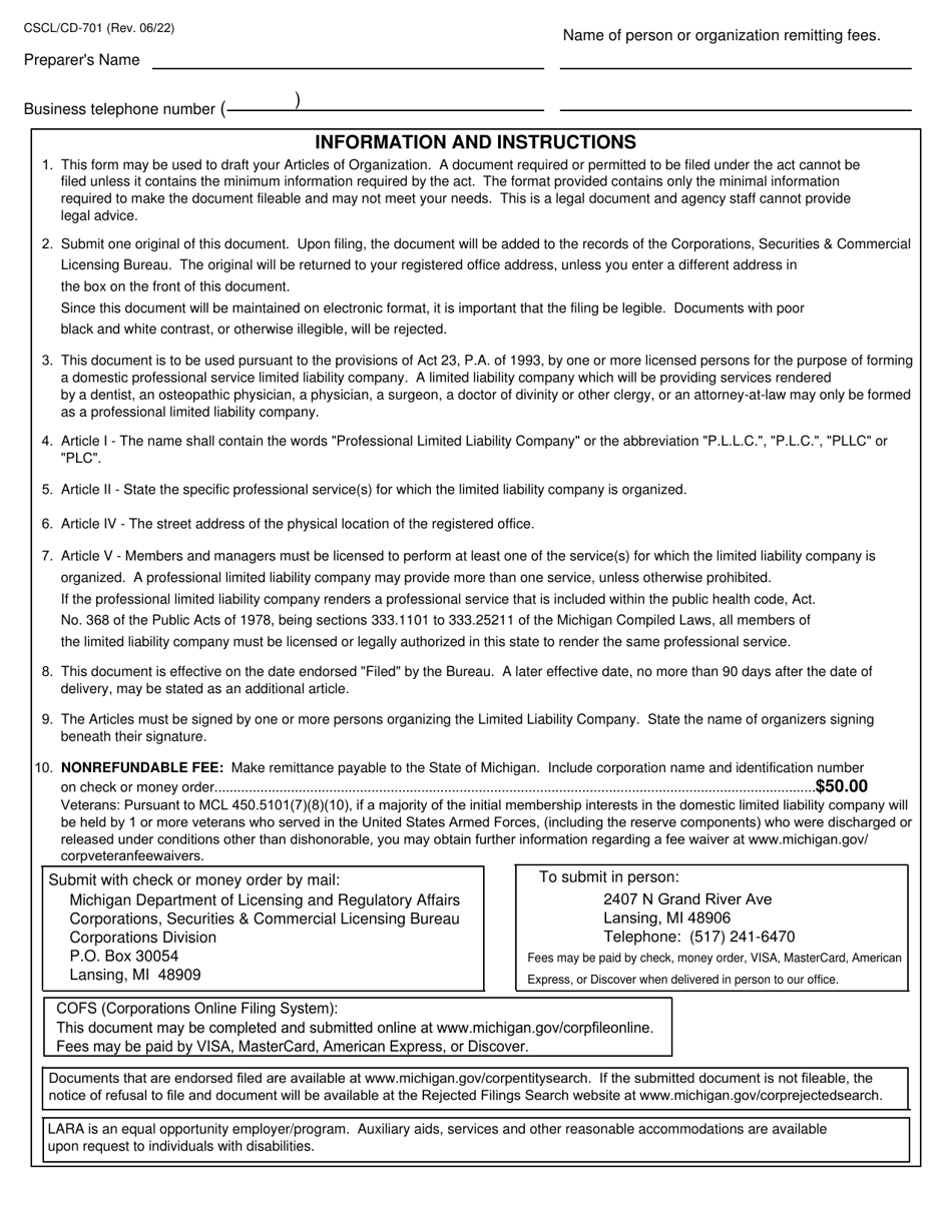 Form CSCL / CD-701 Articles of Organization for Use by Domestic Professional Service Limited Liability Companies - Michigan, Page 3
