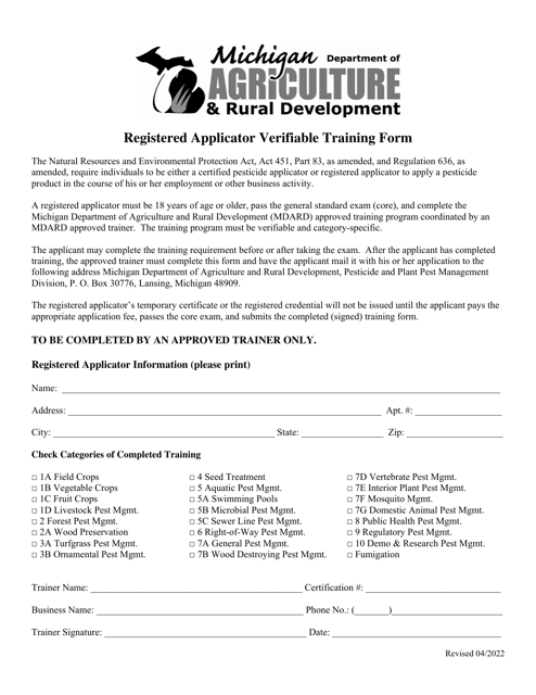 Registered Applicator Verifiable Training Form - Michigan Download Pdf