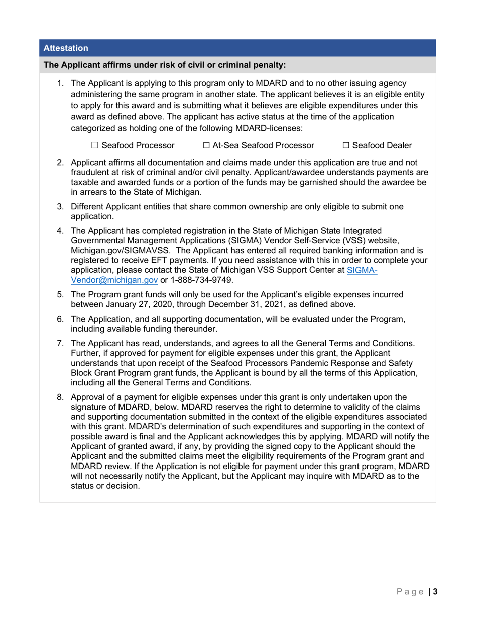 Application Form - Seafood Processors Pandemic Response and Safety Block Grant Program - Michigan, Page 5