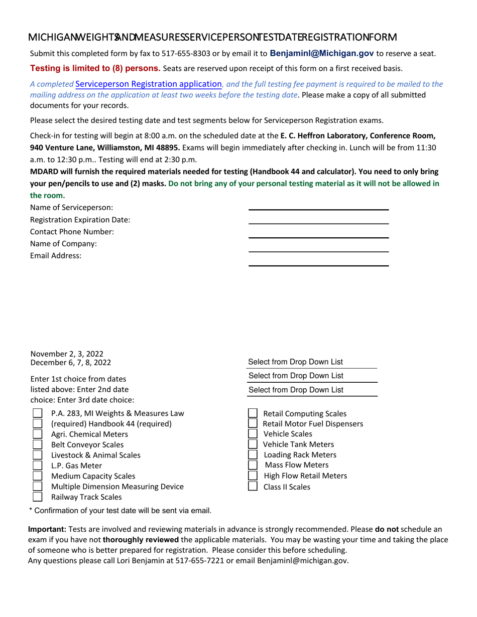Michigan Weights and Measures Serviceperson Test Date Registration Form - Michigan, Page 1