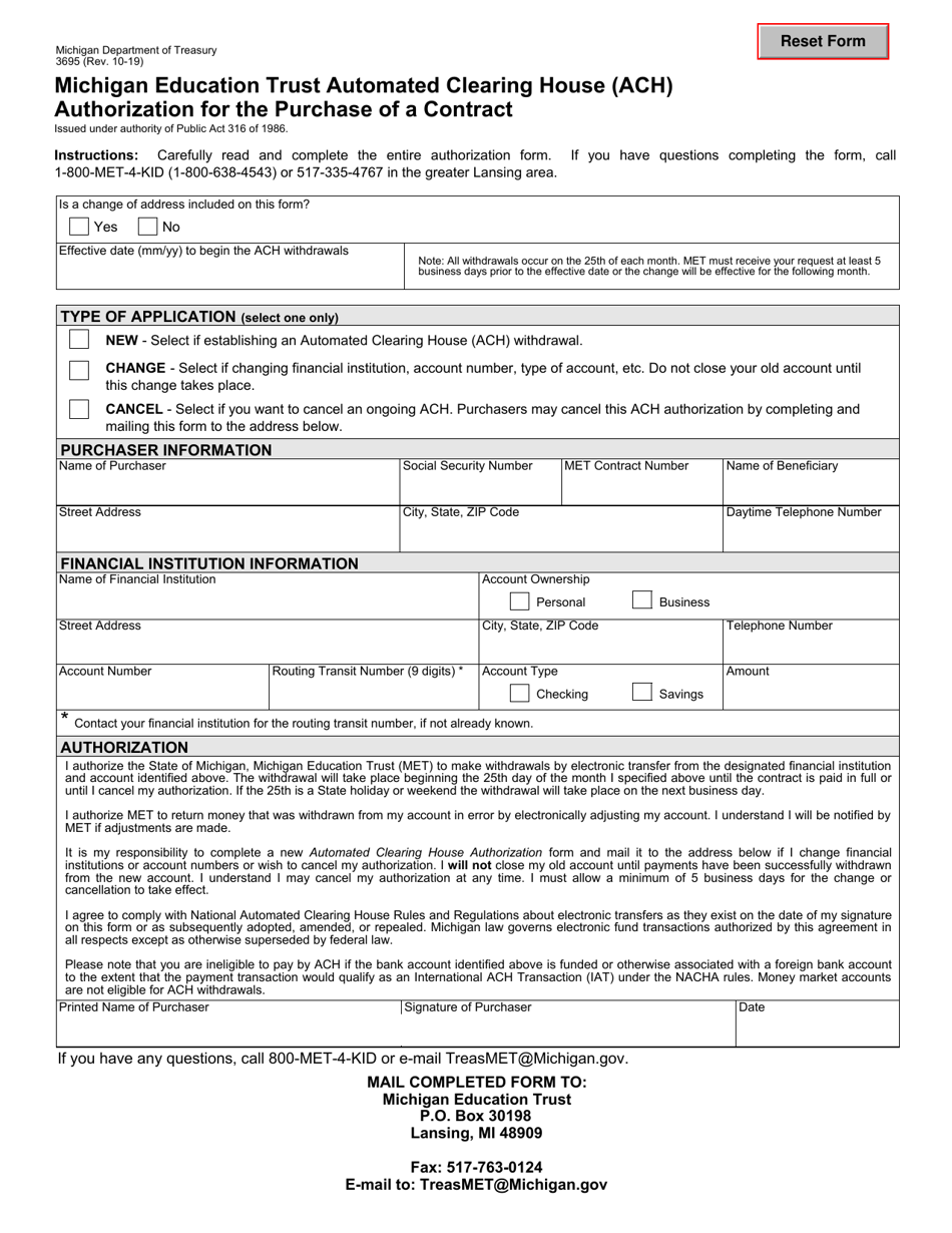 Form 3695 Michigan Education Trust Automated Clearing House (ACH) Authorization for the Purchase of a Contract - Michigan, Page 1