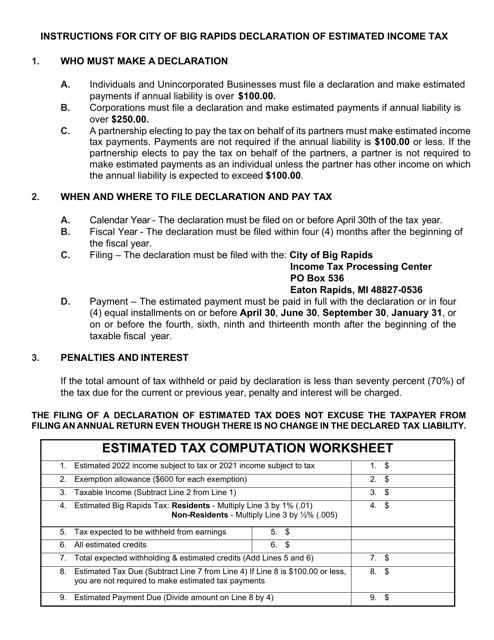 Estimated Tax Declaration Voucher - City of Big Rapids, Michigan Download Pdf