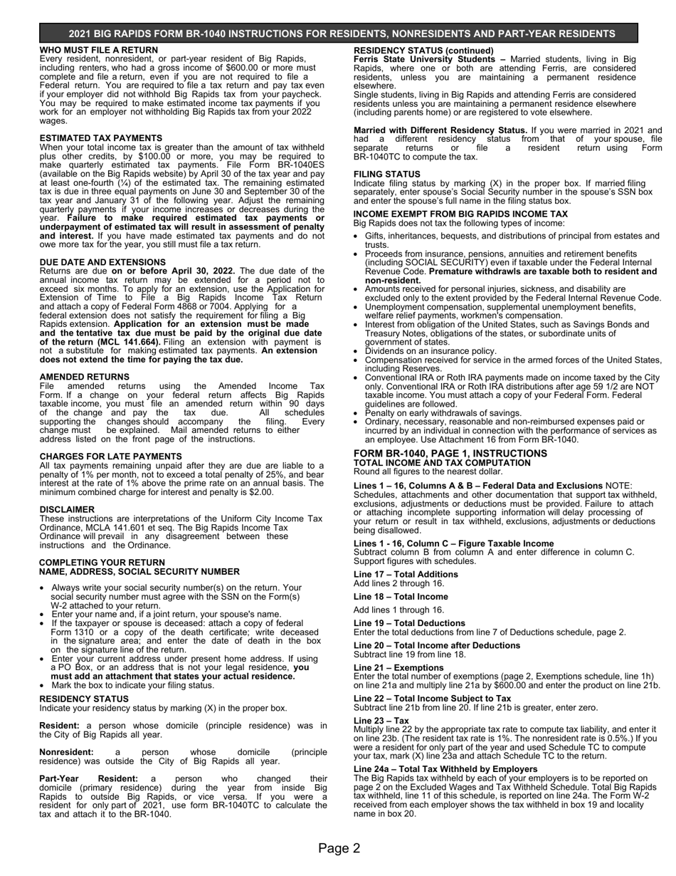 Instructions for Form BR-1040 Individual Return - City of Big Rapids, Michigan, Page 2