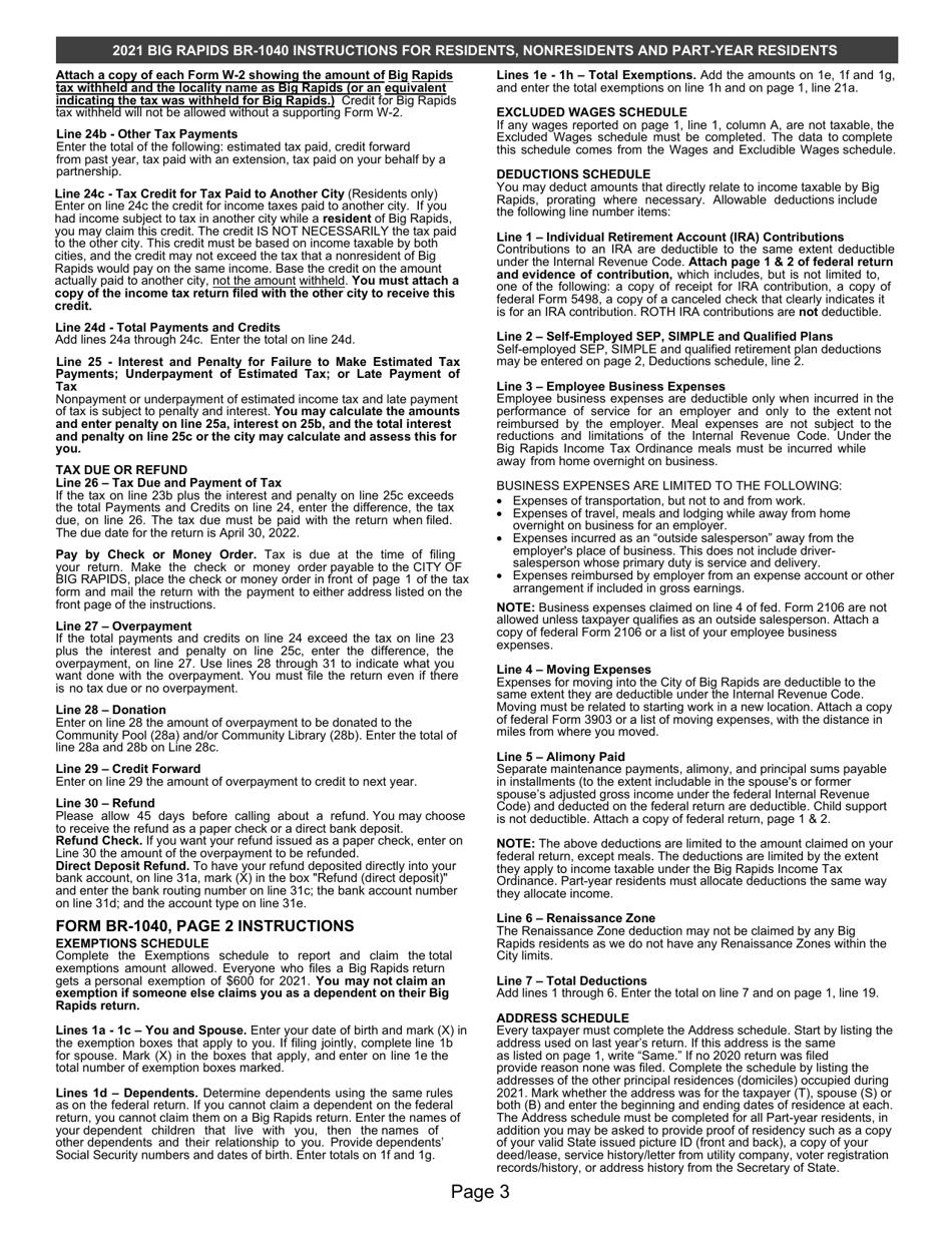 Instructions for Form BR-1040 Individual Return - City of Big Rapids, Michigan, Page 3
