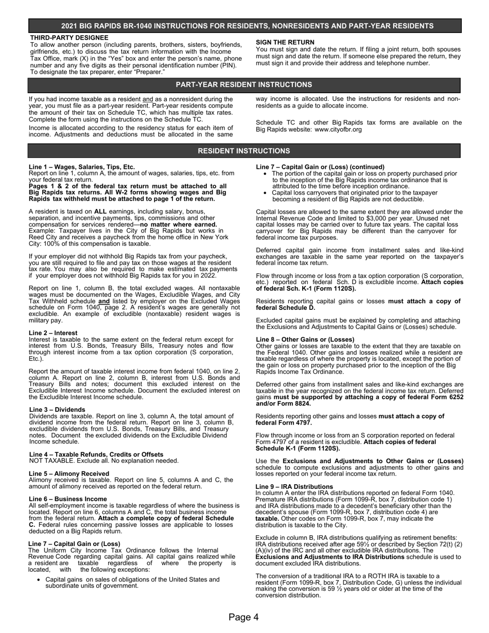 Instructions for Form BR-1040 Individual Return - City of Big Rapids, Michigan, Page 4