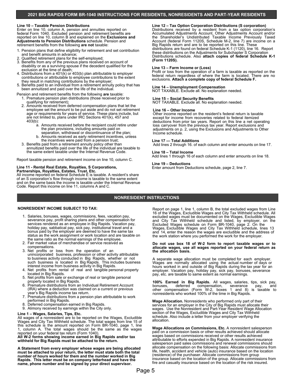 Instructions for Form BR-1040 Individual Return - City of Big Rapids, Michigan, Page 5