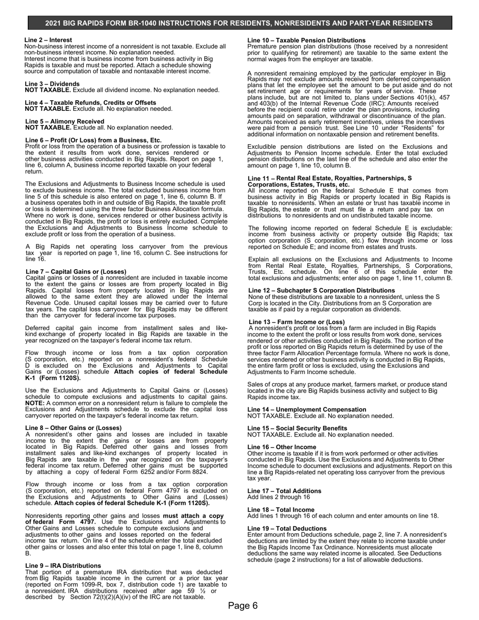 Instructions for Form BR-1040 Individual Return - City of Big Rapids, Michigan, Page 6