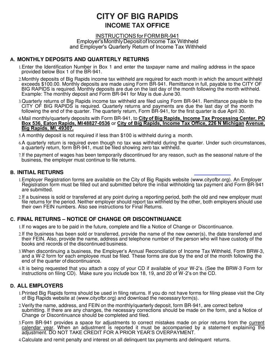 Form BR-941 Employers Monthly Deposit of Income Tax Withheld - City of Big Rapids, Michigan, Page 3