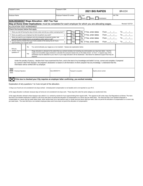 Form BR-COV Non-resident Wage Allocation - City of Big Rapids, Michigan, 2021