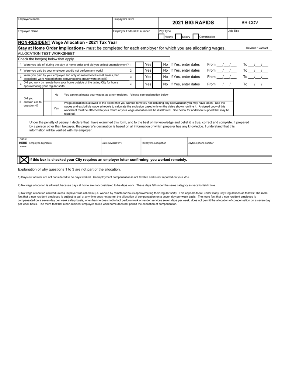 Form BR-COV Non-resident Wage Allocation - City of Big Rapids, Michigan, Page 1