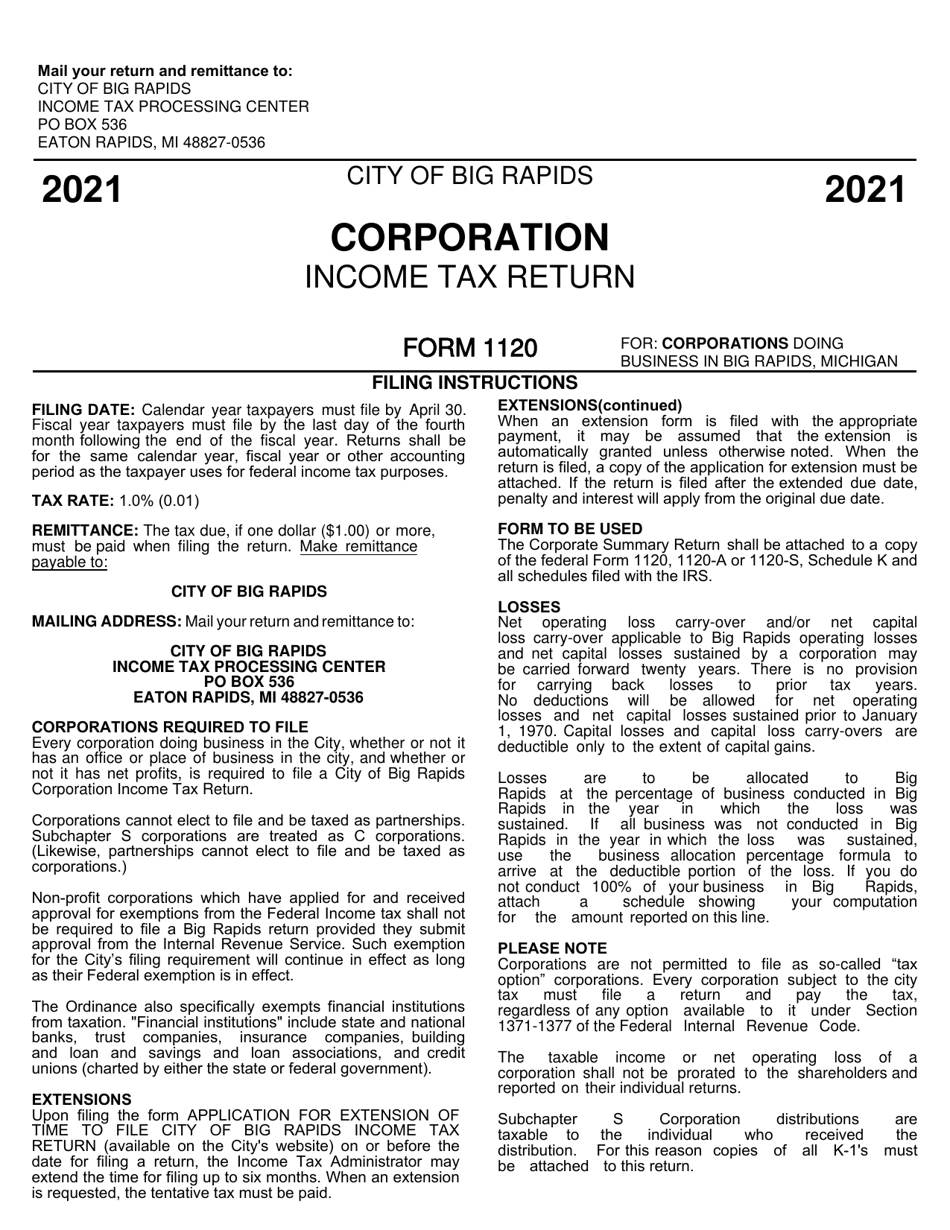 Form 1120 Corporation Income Tax Return - City of Big Rapids, Michigan, Page 1