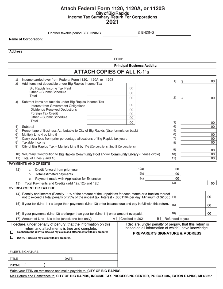 Form 1120 Corporation Income Tax Return - City of Big Rapids, Michigan, Page 2