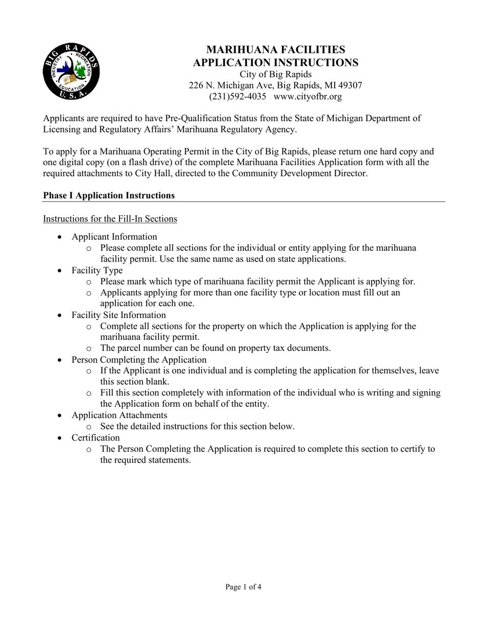 Instructions for Marihuana Facilities Application - City of Big Rapids, Michigan, Page 1