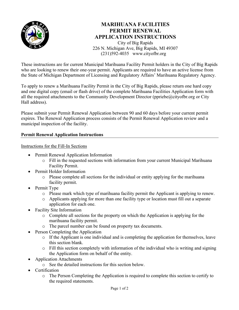 Instructions for Marihuana Facilities Permit Renewal Application - City of Big Rapids, Michigan, Page 1