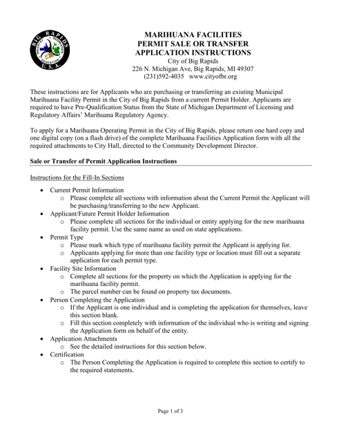 Instructions for Marihuana Facilities Permit Sale or Transfer Application - City of Big Rapids, Michigan Download Pdf