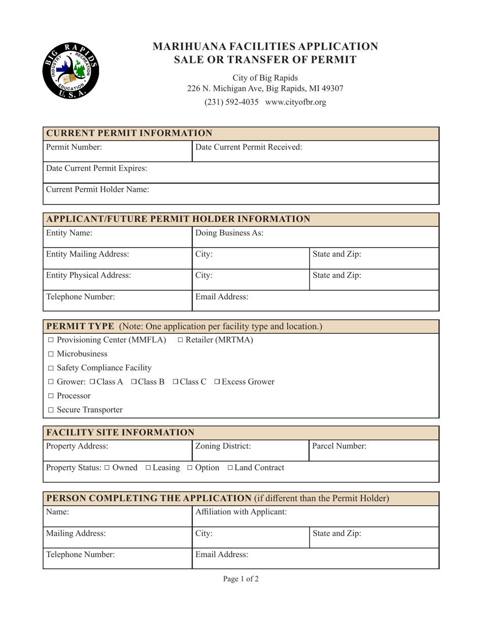 Marihuana Facilities Application Sale or Transfer of Permit - City of Big Rapids, Michigan, Page 1