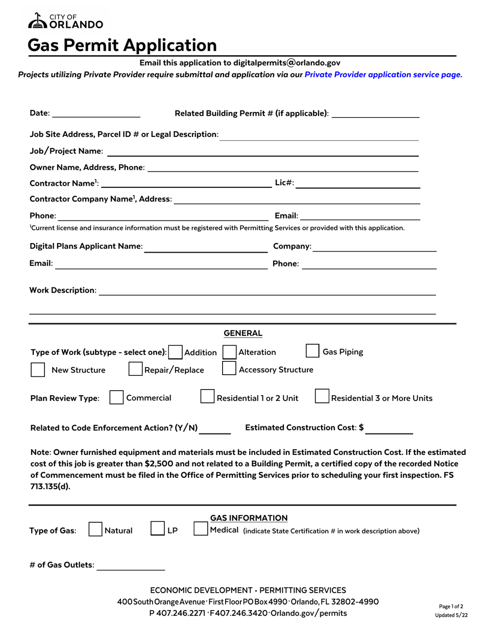 Gas Permit Application - City of Orlando, Florida, Page 1